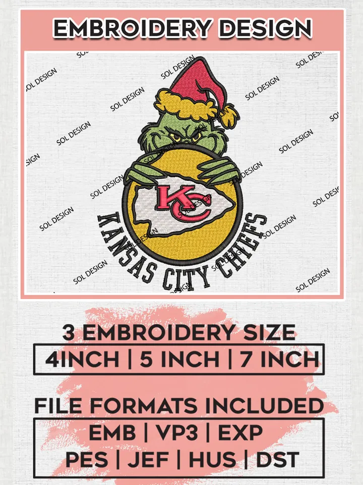 NFL Kansas City Chiefs Team x Grinch Holding Ornament Logo Embroidery Designs, NFL Chiefs Team Machine Embroidery Files, NFL Football Teams, 3 sizes, Grinch Machine embroidery designs, Digital Download