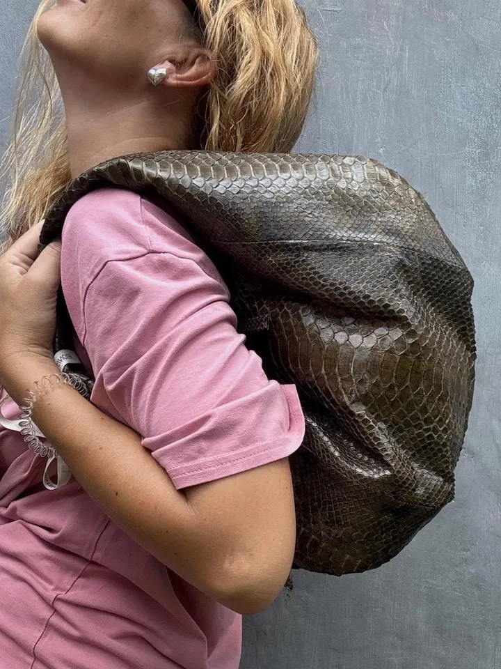 Medium Soft Hobo Classy Sport Woman Bag | Purse Genuine Python Skin | Reptile Skin Products | Cream Elegant Leather Designer Soft Bag Snake