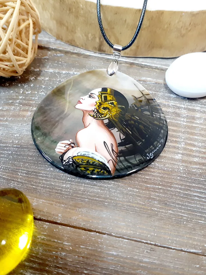 To meet the wind. Mother-of-pearl Russian hand-painted. Hand-painted necklest. MOP. Hand painted miniature painting