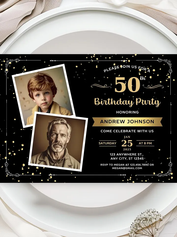 50th Birthday invitation with Photo | Adult Birthday Photo Invite | Mens birthday Black Gold landscape invitation card | Canva template