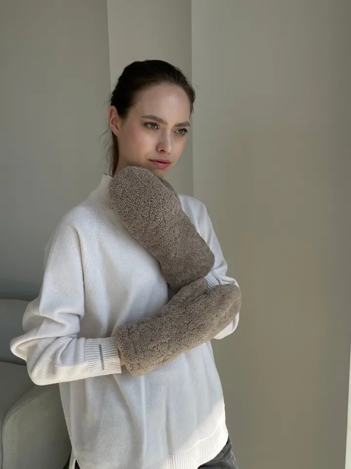 Genuine shearling mittens dark beige colour/ real fur mittens /women cold weather designer gloves / warm cosy mittens/ winter wear