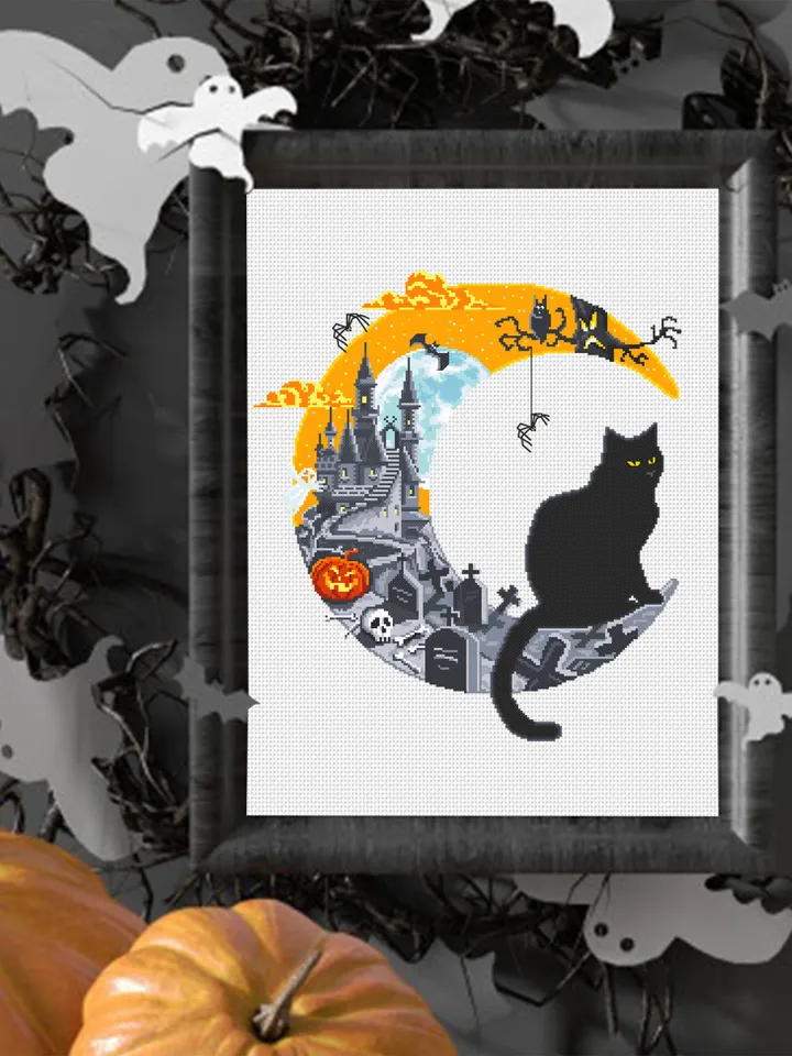 Halloween cat cross stitch pattern PDF download Haunted house cross stitch chart, Halloween pattern digital PDF, Spooky cross stitch #S52