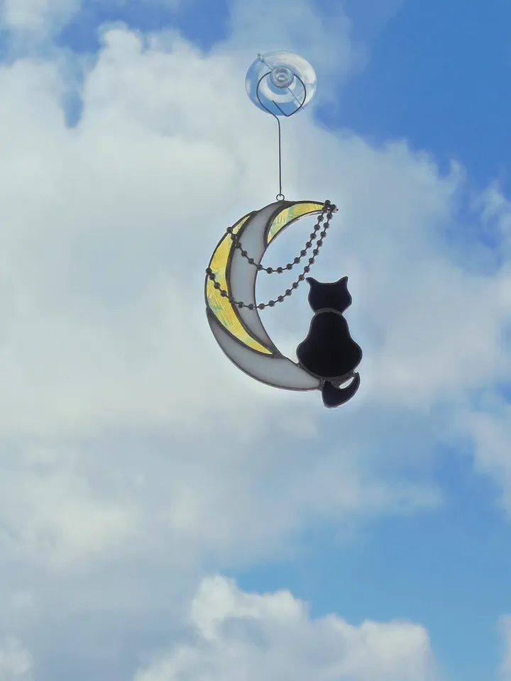 Black Cat On Moon with Chains . Art stained glass hanging Suncatcher . Gift for animal lover , pet loss memorial . White , yellow , black
