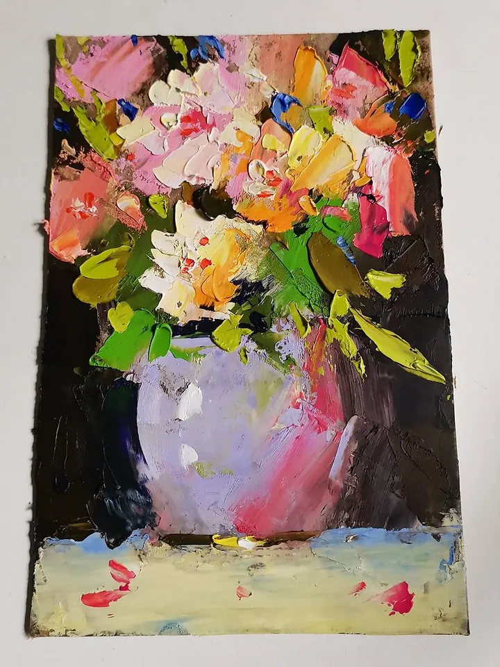 White Peonies Painting Original Art Small Impasto Oil Painting 掛畫 手工油畫