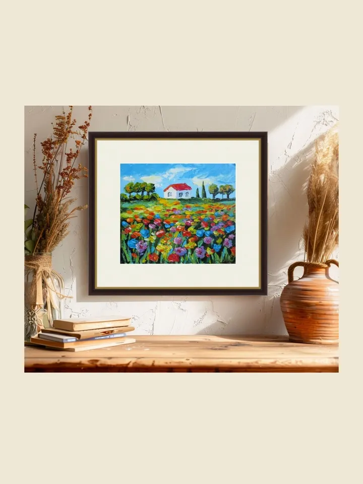 Original Oil Painting Flower Field with Cottage Palette Knife Art Blooming Meadow Artwork