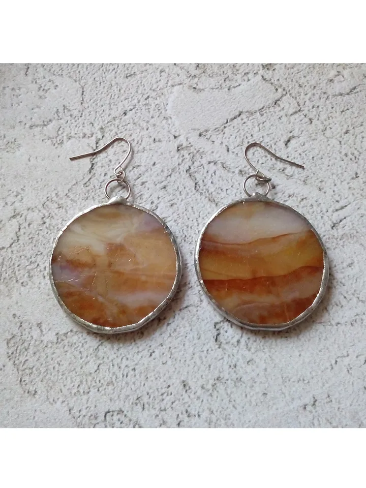 Stained glass brown earrings, Round stained glass, stainglass cute earrings, Dangle earrings, Geometric earrings