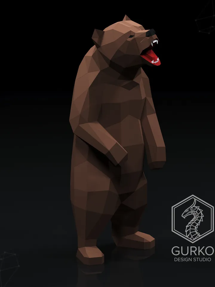 Angry Bear Papercraft, Grizzly, Digital Template, PDF Download, Gurko, 3D Low Poly, Pepakura, Origami Sculpture, Paper Party Decor, DIY Gift