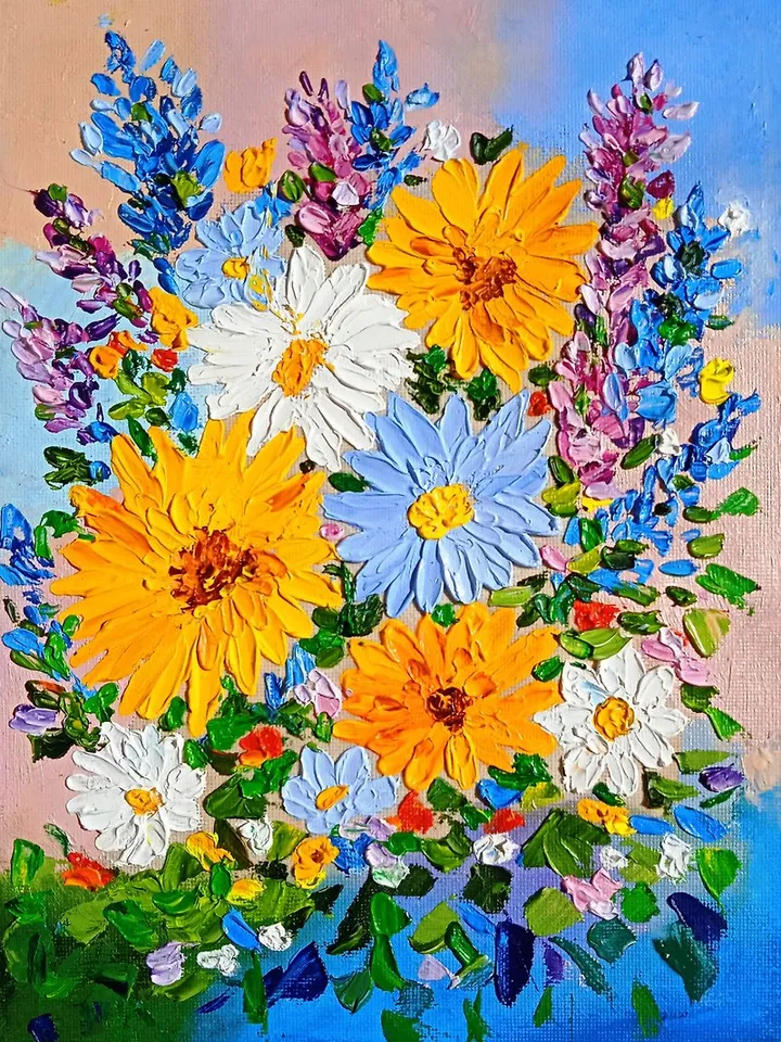 Oil Painting Bright Flowers Chamomile Sunflowers Impasto Art Miniature 18x24 cm