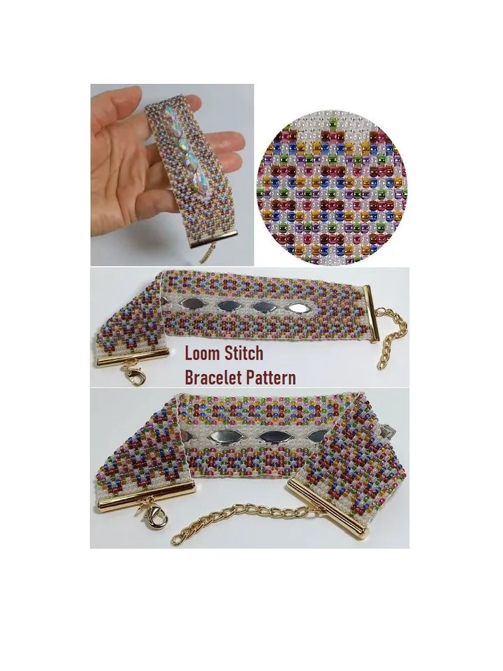 TUTORIAL Cuff Bracelet Loom Stitch, Bead Patterns Bracelet, Seed beads Preciosa and Rhinestones, Instant Download
