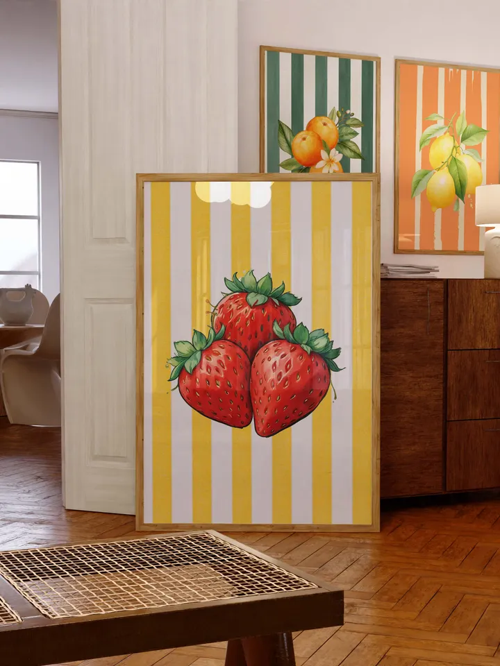 Strawberry Vintage Print, Strawberries Wall Art, Kitchen Trendy Poster, Farmhouse Kitchen Drawing, Retro Kitchen Decor, Fruit Wall Art