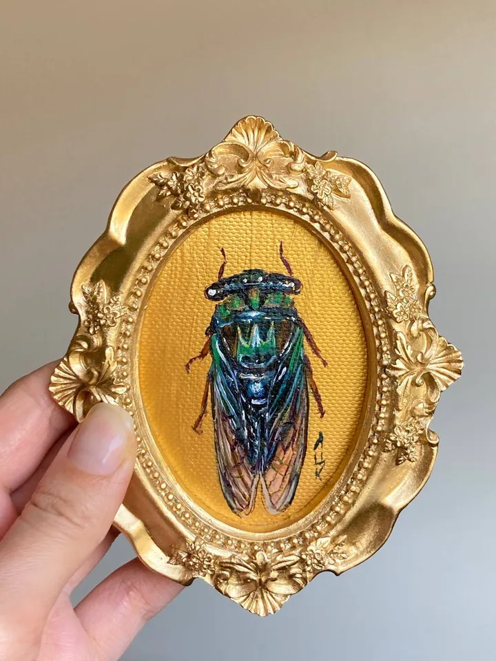 Framed Insect Oil Painting Original Entomology Art Cicada Painting Gold Frame Dark Academia