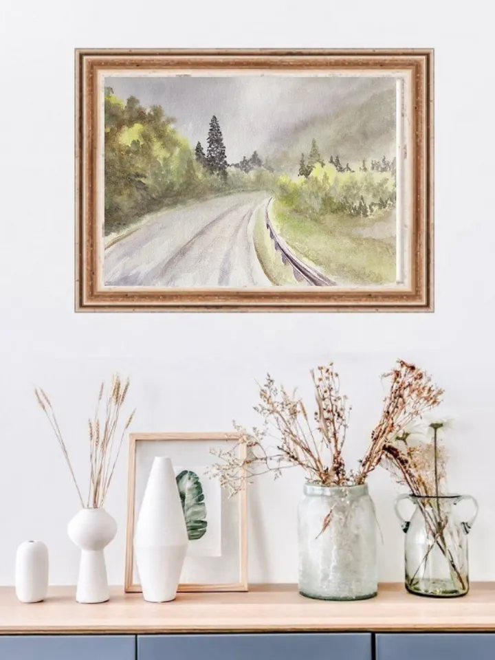 Road original watercolour painting forest mountains landscape wall art