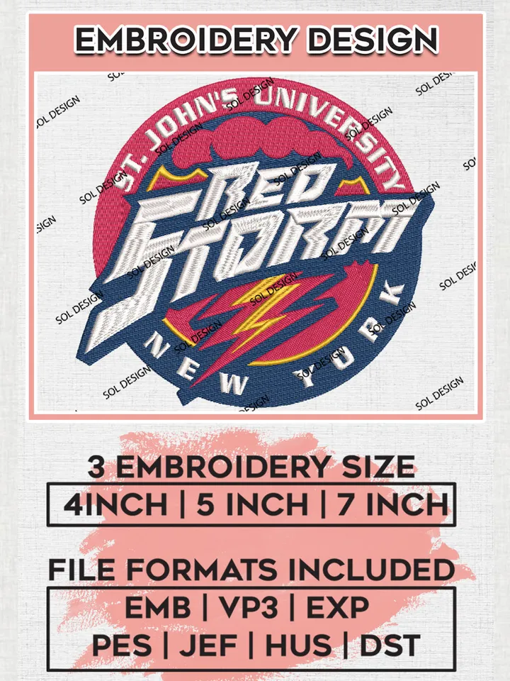 St. John's Red Storm Univer.sity Team Logo Embroidery Design Files, NCAA St Johns Red Storm Machine Embroidery, NCAA Teams, 3 sizes, NCAA Machine embroidery designs, Digital Download