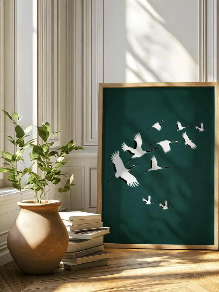 Emerald Cranes Wall Art Digital Print Japanese Style Gold Accent Bird Poster Maximalist Green Decor Eclectic living Room Artwork Gift poster