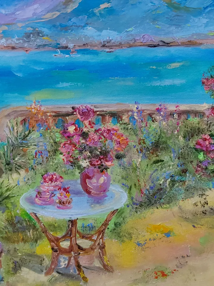 "Relaxing in the garden under the sea breeze" 40x30cm (16x12 inches)