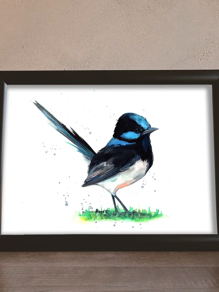 Blue fairy wren original watercolor, bird on the branch painting, colibri portrait room decor, 8x11 in wall art for bird lovers handmade by Anne Gorywine