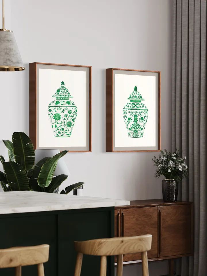 Green Chinoiserie Set Of 2 Posters Watercolor Porcelain Ginger Jar Wall Art Green Vase Print Gift Home Decor Asian Vase Watercolor Prints