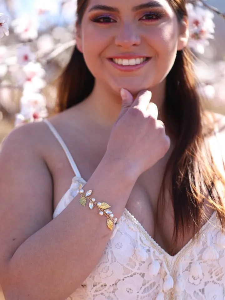 Boho Wedding Bracelet, Gold Leaf Statement Wedding Earrings, Pearl Bridal Bracelet, Statement Wedding Jewelry, Swarovski Crystal Jewellery