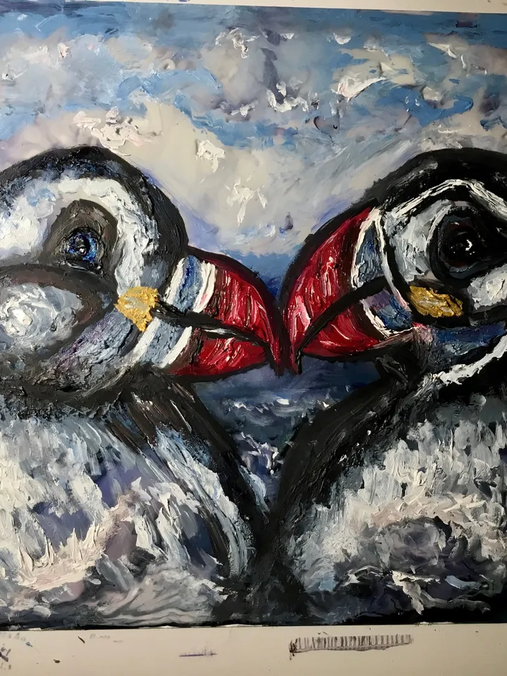 2 puffins original mix media oil painting on glass,stained glass panel,painting on glass,puffins in love,sea painting glass art,love gift.