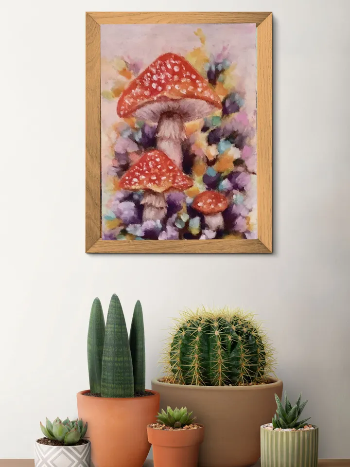 Fly agaric Mushroom painting original art, Mini mushroom painting, Pastel mushroom drawing