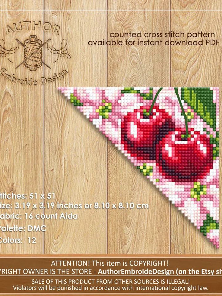 Corner bookmark cross stitch pattern PDF download Spring cross stitch chart, Floral bookmark corner digital PDF Сherry blossom Berries #B180