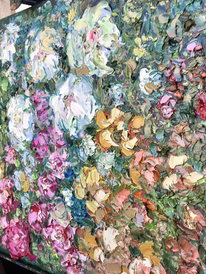 Flower garden,original oil impasto painting on canvas,floral landscape painting,pink white flowers painting on large canvas,wall decoration