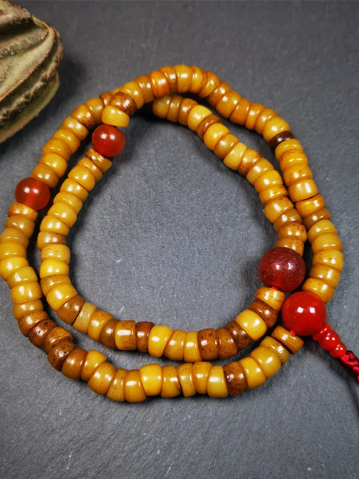Gandhanra Old Tibetan 108 Yak Bone Mala,Bevel Cut Prayer Beads Necklace,Rosary Beads for Meditation,Diameter 0.32", Circumference 20"