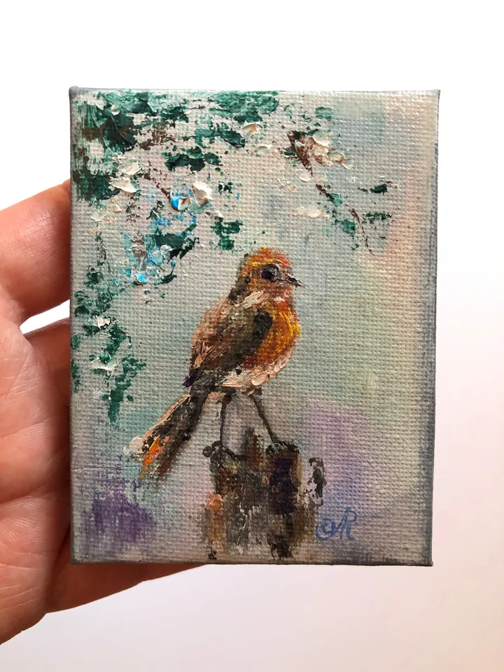 Aceo Birds Set of 4 Mini Painting Original Aceo cards Miniature Birds Painting Small Oil Painting