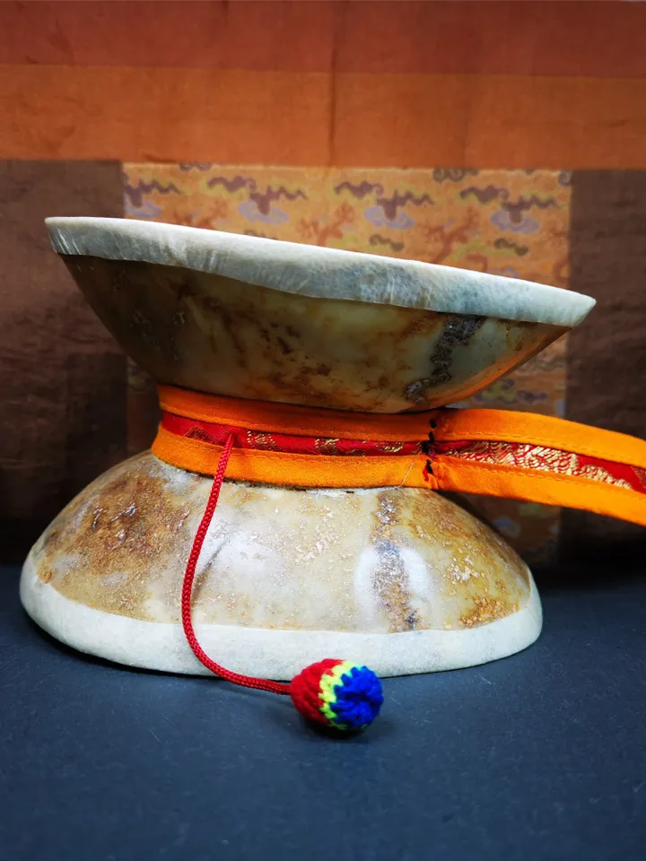 Gandhanra Handmade Tibetan Tantric Buddhist Ritual Implement,Kapala Chod Drum,Kapala Damaru,Religious Ceremonial,5.5" × 4.7" × 3.6"