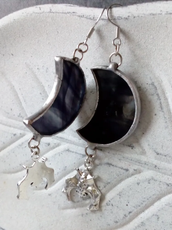 Glass crescent earrings, Bat earrings, Black crecsent, Witchy aesthetic, Witch earrings, Goth moon earrings, Halloween