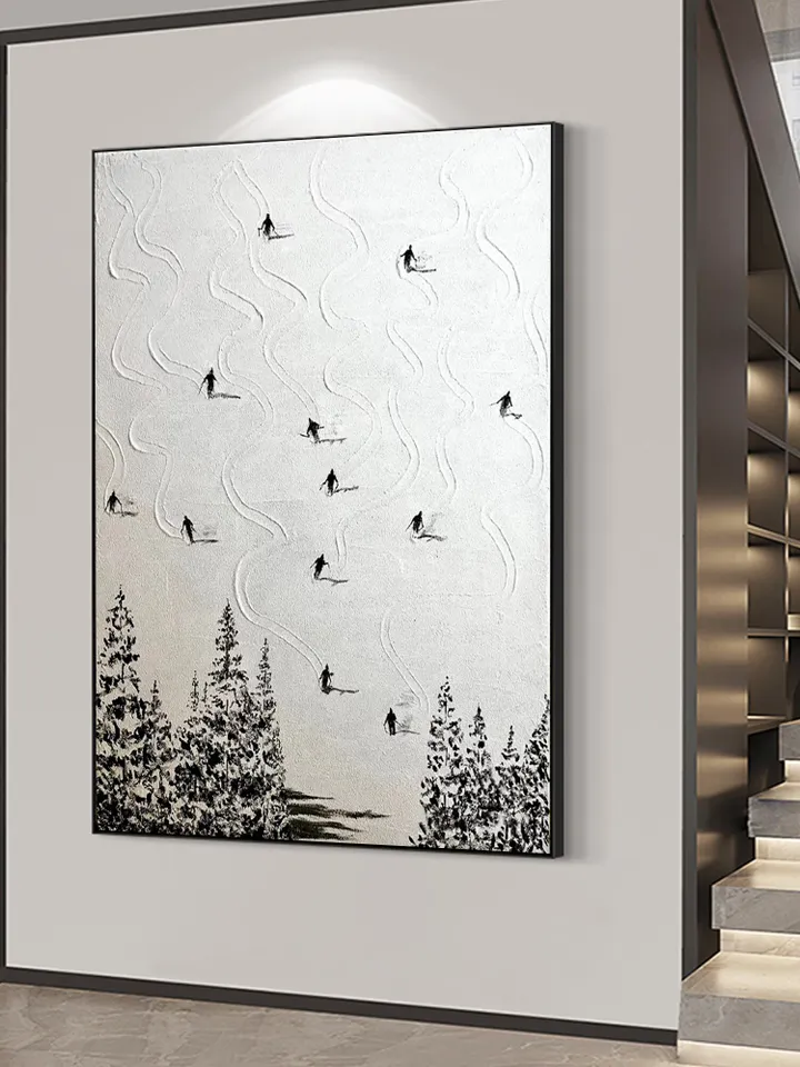 Original Ski Sport Painting on Canvas, Winter Decor, Texture Wall Art, Personalized Gift, Skier on Snowy Mountain Art, White Snow Skiing Art