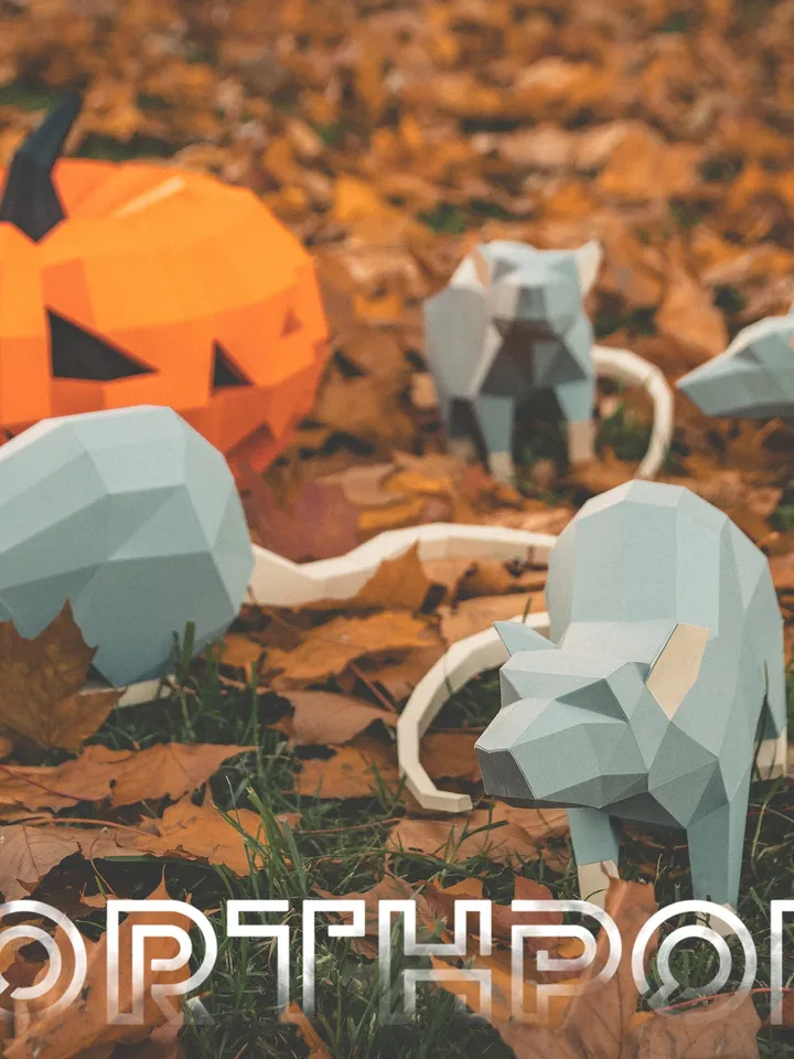 4 Rats And Pumpkin-Spider Papercraft, Digital Template, PDF Download, Gurko, 3D Low Poly, Pepakura, DIY Origami Sculpture, Paper Party Decor