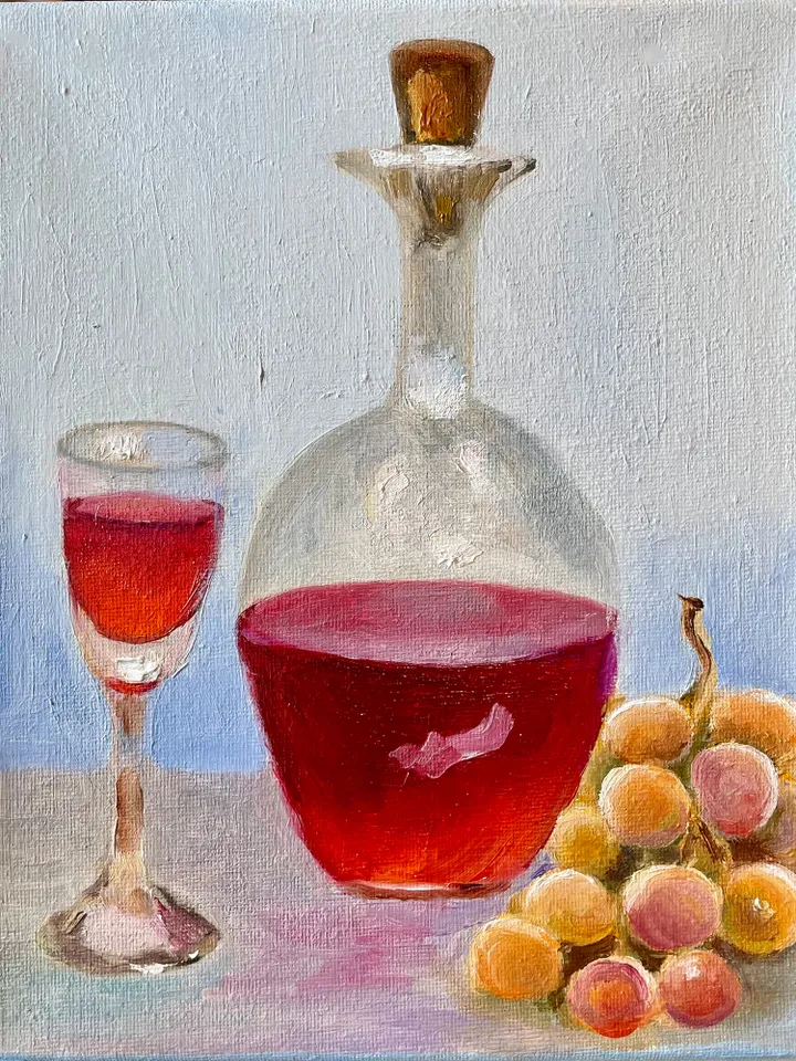 Wine Decanter Painting Grape Fruit Original Oil Painting on Canvas, Wine Glass Still Life Painting 10" x 8"