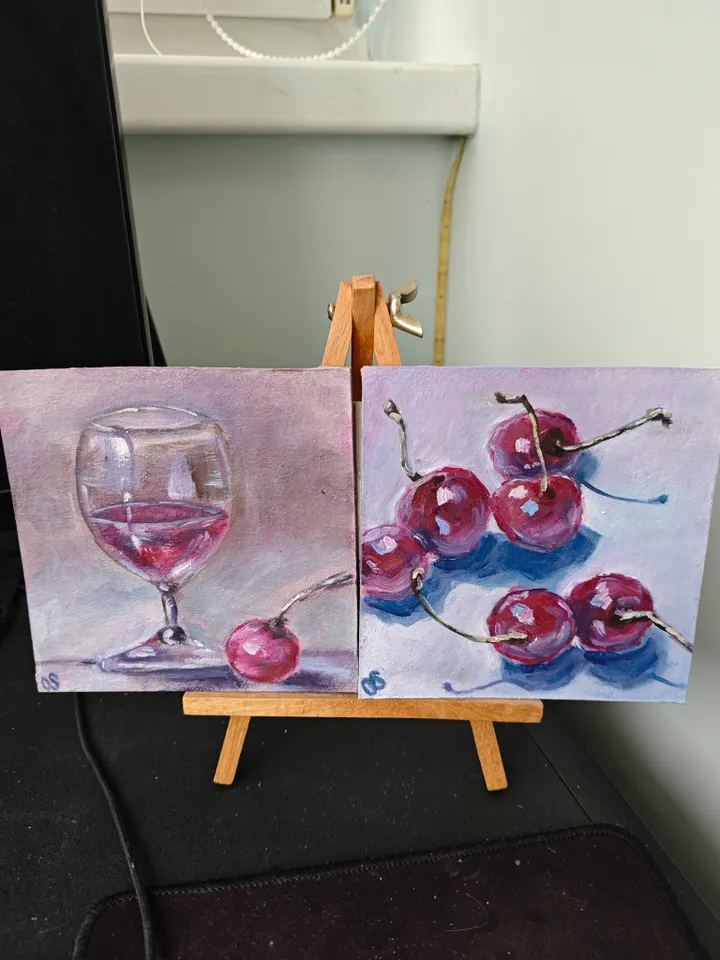 Cherry And Glass Of Red Wine Original Painting Fruit Glass Of Wine Original Art Cherry And Glass Modern Artwork Bright Cherry Glass Wine Oil Painting Cherry Fruit Glass Of Wine Wall Art Decor 5 x 5 inches by OlgaSokolovaArt