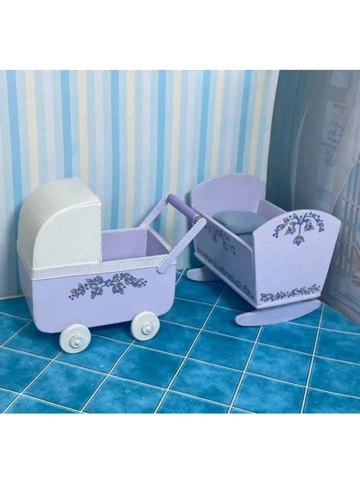 Doll cradle and stroller.
Handmade. 1:12. Dollhouse miniature.