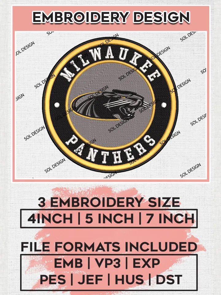 NCAA Milwaukee Panthers Round Logo Embroidery, NCAA Milwaukee Panthers Embroidery Design files, NCAA Teams, NCAA Machine embroidery designs, Digital Download