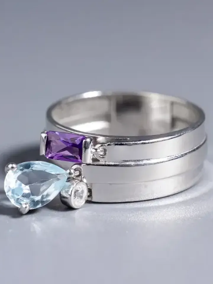Ring with cubic zirconia, natural amethyst and topaz, 925 silver