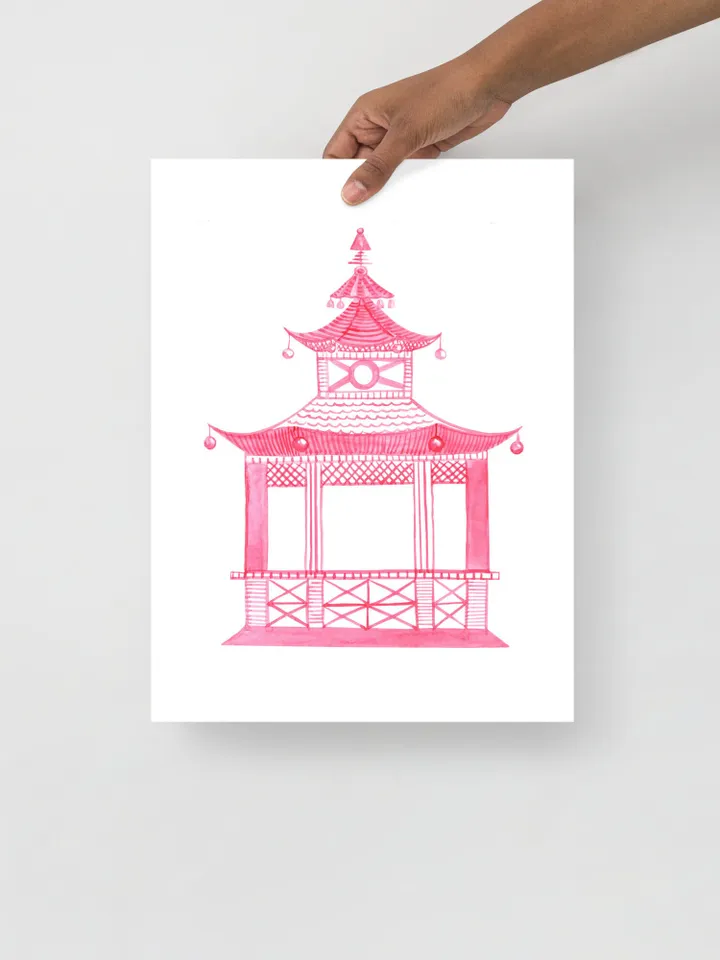 Pink Chinoiserie Set Of 3 Watercolor Painting Pagoda Foo Dogs Wall Art Chinoiserie Decor asian Hot Pink Wall Art Chinoiserie Chic Art Print