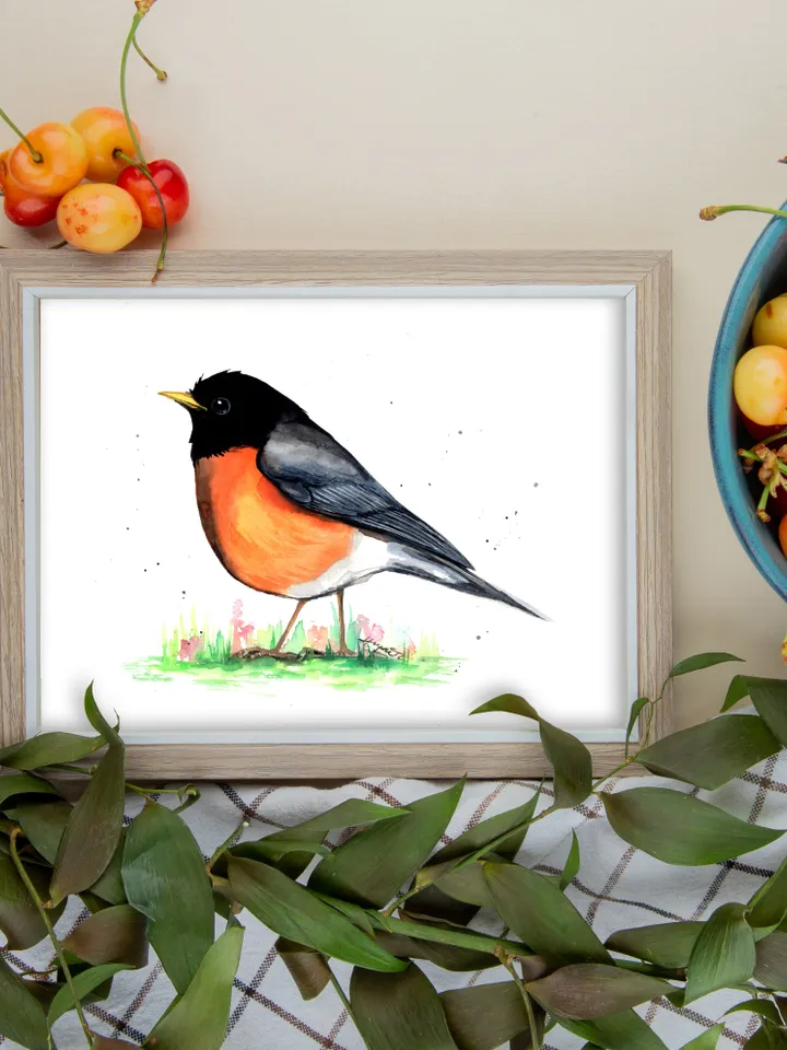 Robin original watercolor, bird on the grass painting, bird portrait room decor, 8x11 in wall art for bird lovers handmade by Anne Gorywine