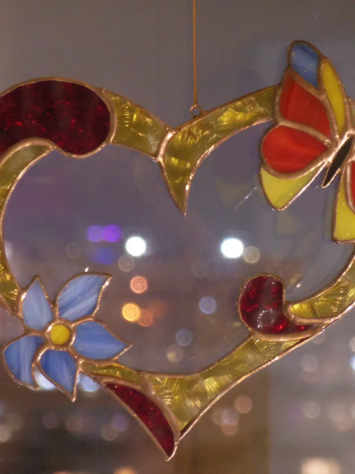 Valentine Heart with Flower and Butterfly . Red Yellow Blue . Art Stained glass window hanging Suncatcher