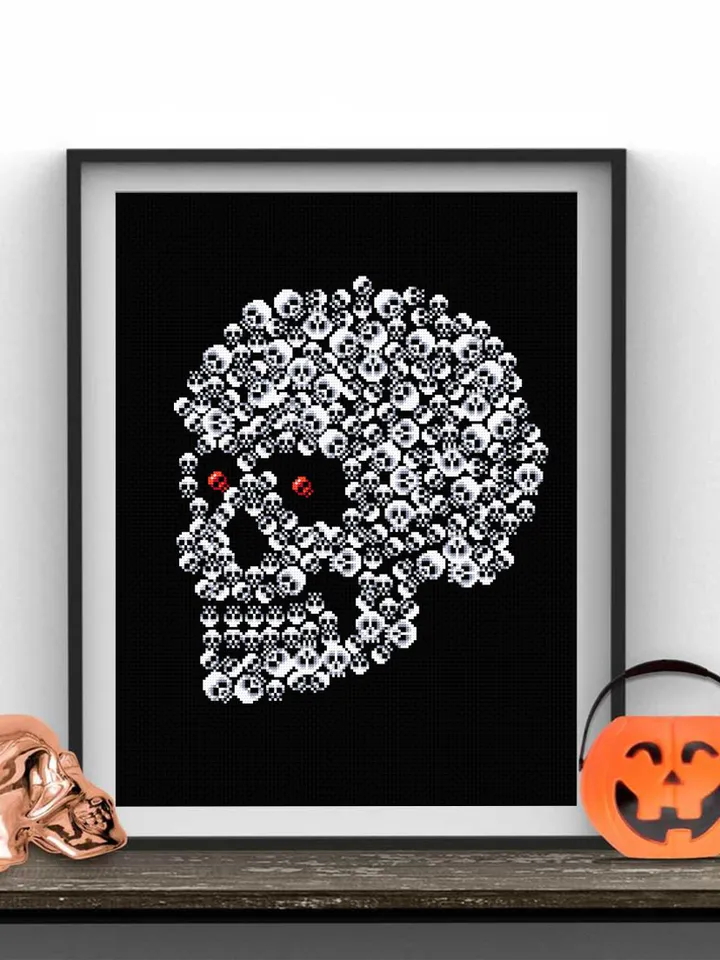 Halloween skulls cross stitch pattern download PDF Gothic ornament cross stitch chart, Horror Halloween pattern, Skull embroidery PDF #H51