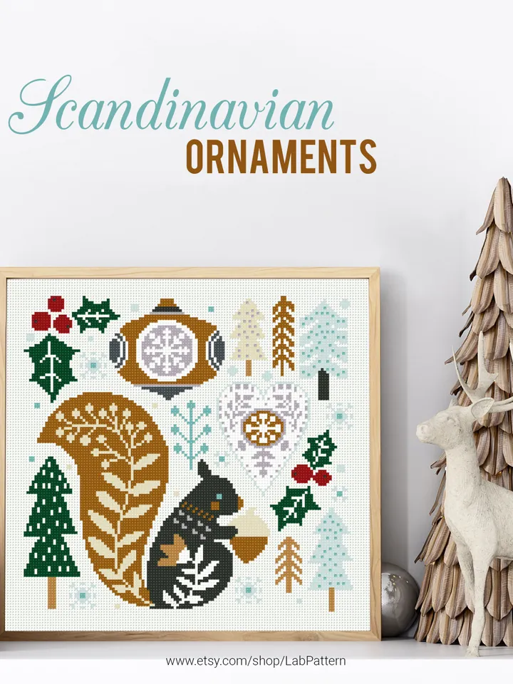 Scandinavian Christmas Bundle stitch pattern squirrel ornament New Year decor cross stitch pattern counted DIY embroidery instant PDF