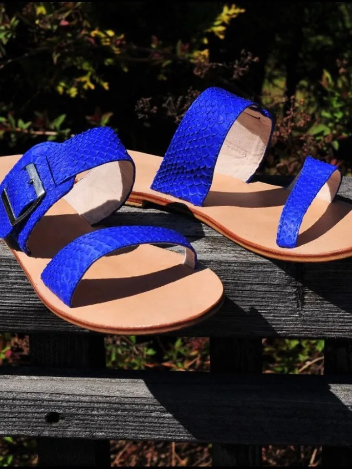 Genuine Python Skin and Genuine Lether Bright Blue Sandal | women shoes | Handmade shoes | women summer sundal | Exotic leather shoes