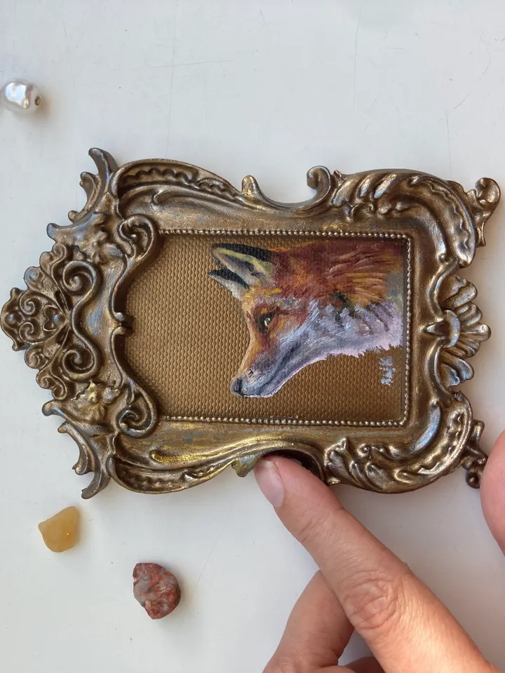 Fox Oil Painting Original In Vintage Style Frame Small Framed Animals Wildlife Art