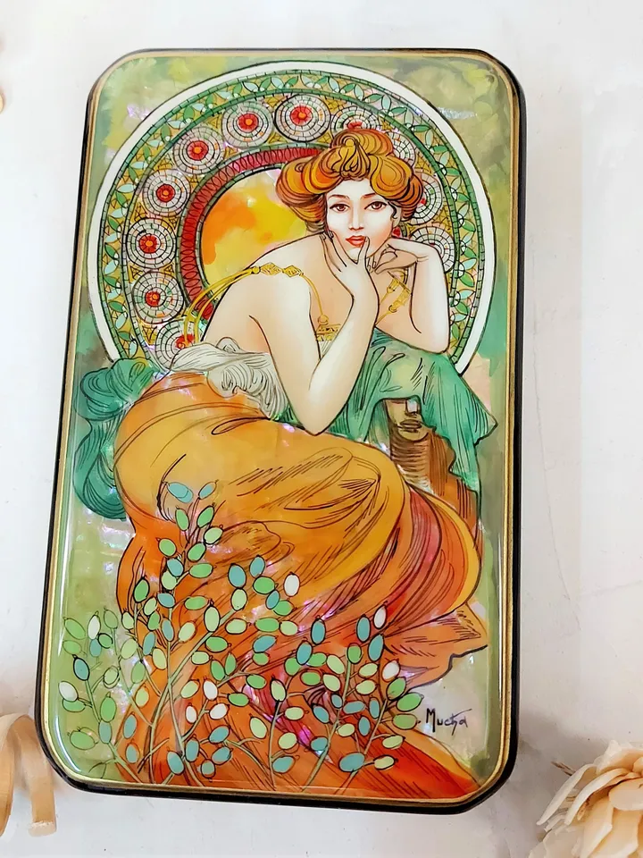 Beautiful Lacquer Box Alphonse Mucha "Topaz" Hand painted miniature painting jewelry box Mother of pearl Papier mache Art gift Fedoskino