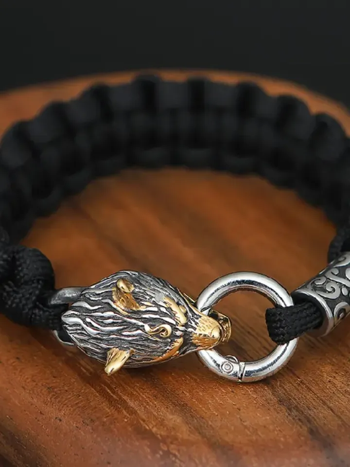 Paracord and stainless steel bracelet celtic wolf norse viking style