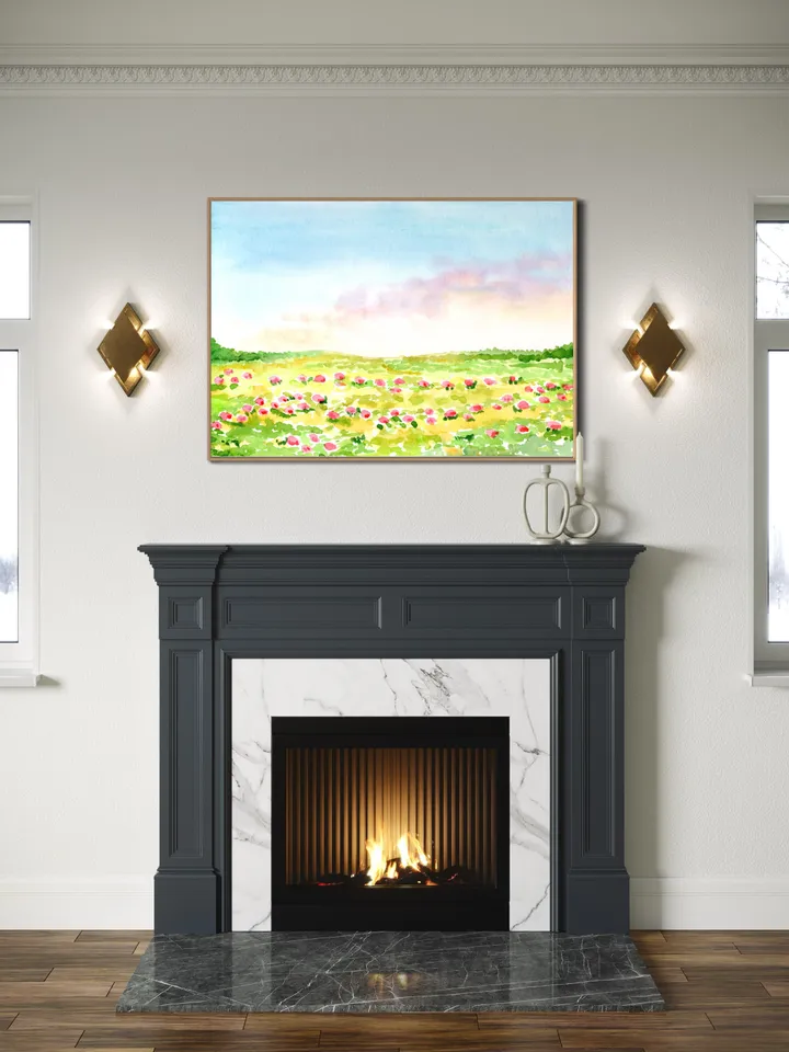 Wildflower Field Landscape, Impressionist Watercolor Painting, Summer Flowers Field, Vintage Decor Print, Meadow Painting, Colorful Flowers