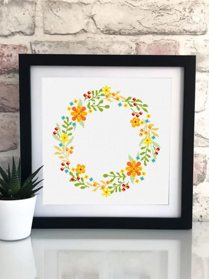 Flower wreath cross stitch pattern PDF download Floral frame cross stitch chart, Flower border hand embroidery, Flowers hoop art design #Y4