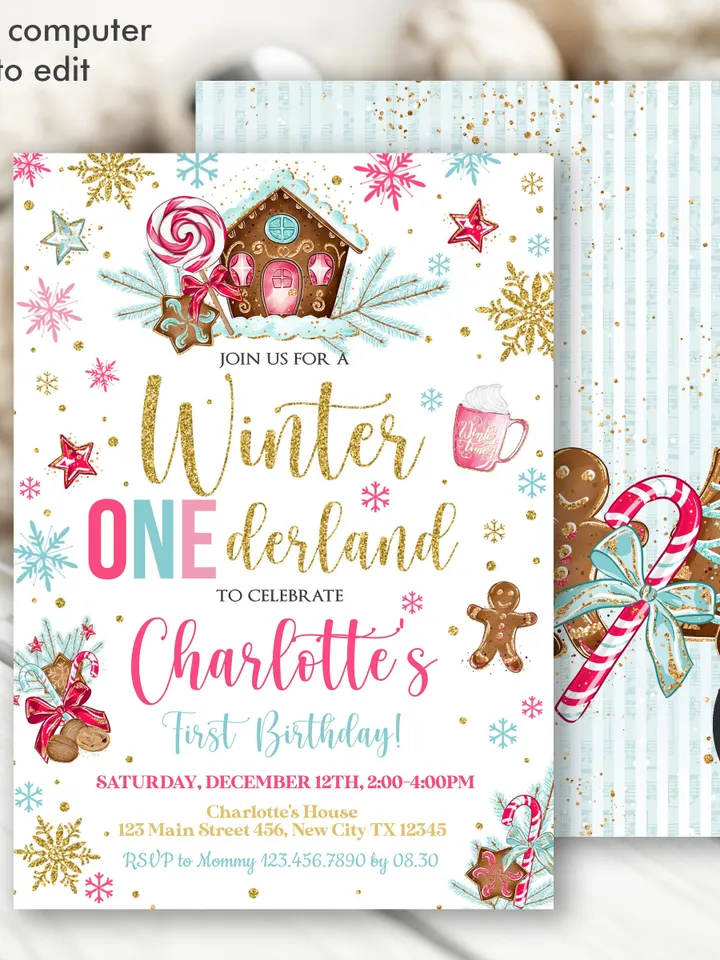 Winter Onederland Invitation Girl 1st Birthday Invitation, Gingerbread Birthday Winter Wonderland Birthday Invitation, Editable Template