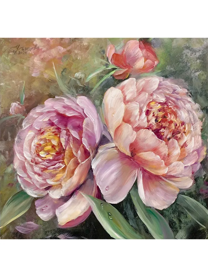 Peonies, flowers, oil painting on cardboard